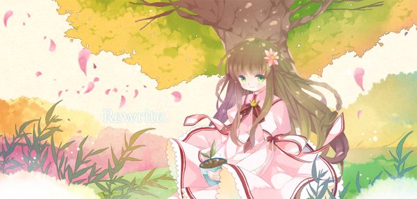 Anime picture 1440x690 with rewrite kanbe kotori single long hair smile brown hair wide image green eyes braid (braids) hair flower inscription twin braids girl uniform hair ornament plant (plants) school uniform petals tree (trees)