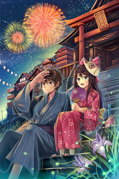 Anime picture 787x1181 with original akabane (zebrasmise) long hair tall image blush short hair open mouth blue eyes black hair smile sitting traditional clothes japanese clothes black eyes mask on head fireworks girl boy flower (flowers) bow