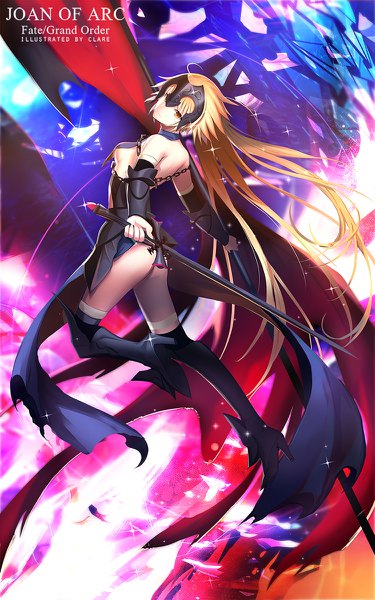 Anime picture 750x1200 with fate (series) fate/grand order jeanne d'arc (fate) (all) jeanne d'arc alter (fate) clare (543) single tall image light erotic blonde hair holding brown eyes signed ass very long hair head tilt looking back sparkle high heels copyright name girl