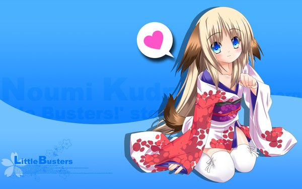 Anime picture 1920x1200 with little busters! key (studio) noumi kudryavka highres wide image japanese clothes blue background dog girl girl thighhighs kimono