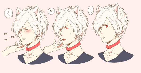 Anime picture 1200x623 with diabolik lovers idea factory sakamaki subaru kuwa ayase blush fringe short hair open mouth simple background red eyes wide image animal ears white hair eyes closed hair over one eye embarrassed pink background face kemonomimi mode multiple persona