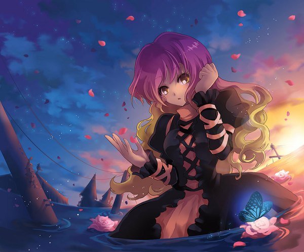 Anime picture 1024x850 with touhou hijiri byakuren yamadori ofuu single yellow eyes sky multicolored hair scenic ruins girl flower (flowers) petals water insect butterfly