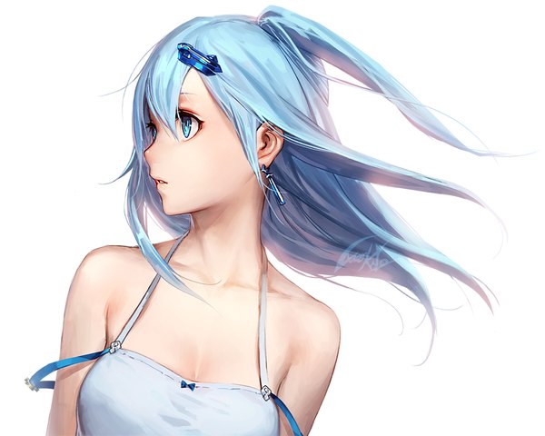 Anime picture 1000x800 with original recovered memory icy (character) luen kulo single long hair fringe blue eyes simple background hair between eyes white background bare shoulders signed looking away upper body parted lips profile one side up floating hair girl