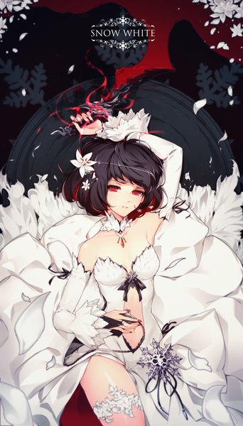 Anime picture 1908x3343 with snow white and the seven dwarfs original snow white hwansang single tall image looking at viewer fringe highres short hair black hair red eyes holding cleavage red hair lying nail polish parted lips arm up fingernails