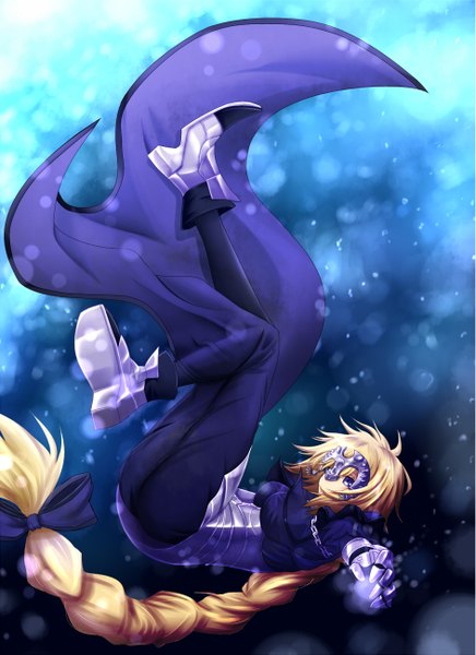 Anime picture 943x1296 with fate (series) fate/apocrypha jeanne d'arc (fate) (all) jeanne d'arc (fate) akashiro sen single tall image blue eyes blonde hair looking away full body bent knee (knees) braid (braids) very long hair single braid spread arms underwater girl hair ornament bow