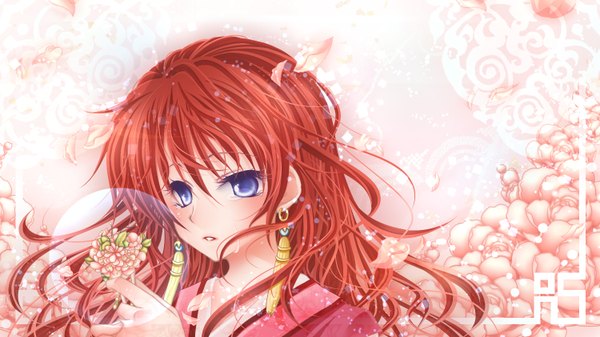 Anime picture 1500x844 with akatsuki no yona studio pierrot yona (akatsuki no yona) tagme (artist) single long hair blush blue eyes wide image red hair tears girl flower (flowers) earrings petals