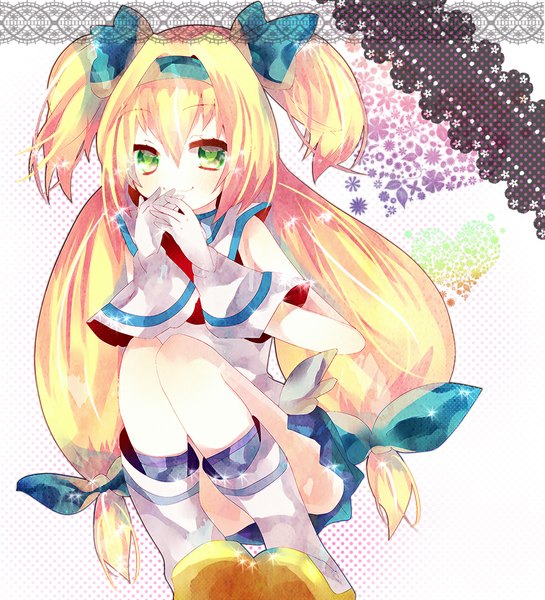 Anime picture 1000x1100 with blazblue platinum the trinity taru (sougoubunnka) single tall image blush simple background blonde hair smile twintails green eyes very long hair loli polka dot polka dot background girl gloves bow hair bow boots