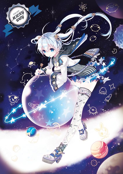 Anime picture 707x1000 with original rednian single long hair tall image looking at viewer blue eyes twintails white hair girl thighhighs dress boots star (stars) bag