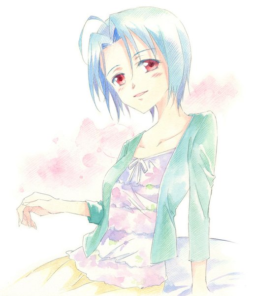 Anime picture 750x872 with idolmaster miura azusa agahari single tall image looking at viewer short hair open mouth smile red eyes white background sitting blue hair ahoge traditional media watercolor (medium) girl