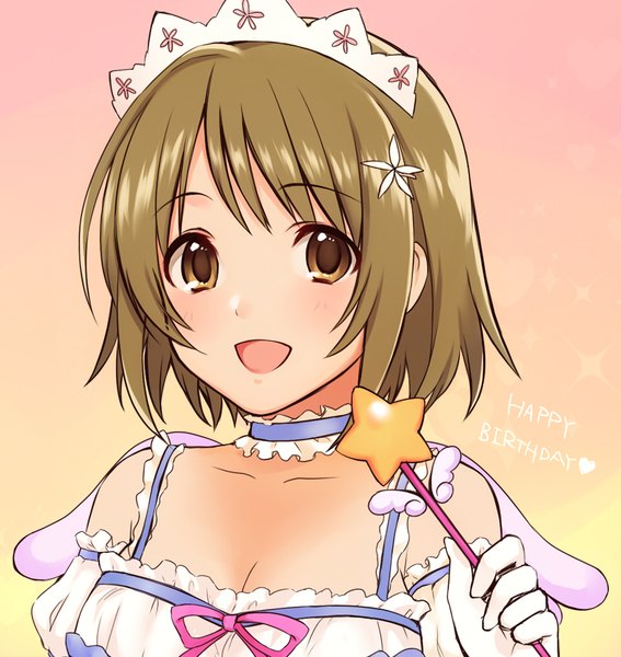 Anime picture 959x1014 with idolmaster idolmaster cinderella girls mimura kanako mfmf kyun single tall image looking at viewer blush short hair open mouth simple background brown hair bare shoulders brown eyes gradient background portrait happy birthday girl gloves choker