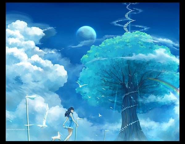 Anime picture 1000x780 with original megatruh single long hair signed blue hair sky cloud (clouds) from behind border landscape girl dress plant (plants) animal tree (trees) bird (birds) stairs bunny planet