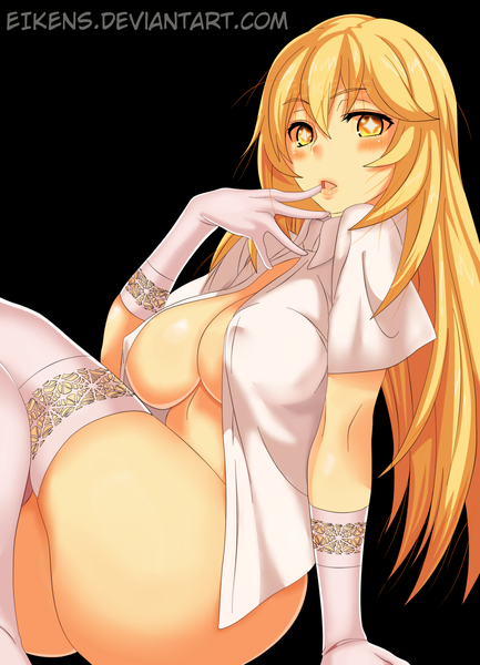 Anime picture 2183x3021 with to aru kagaku no railgun j.c. staff shokuhou misaki eikens single long hair tall image blush highres breasts light erotic simple background blonde hair large breasts yellow eyes coloring finger to mouth black background naughty face girl