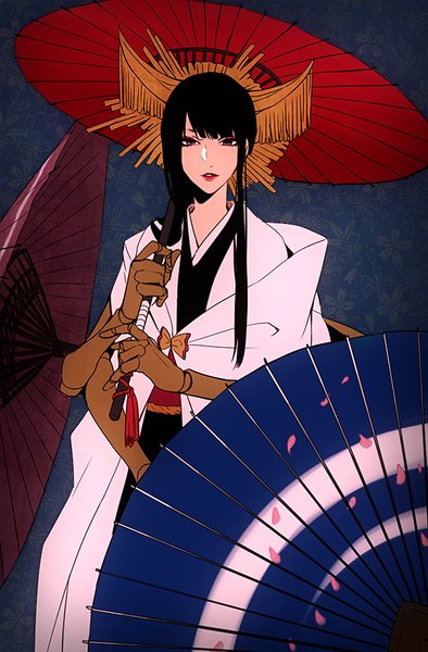 Anime picture 591x900 with bleach studio pierrot shutara senjumaru yukin (es) single long hair tall image looking at viewer fringe black hair red eyes traditional clothes japanese clothes lipstick eyeshadow red lipstick makeup floral background mechanical arms girl