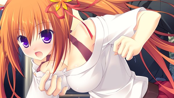 Anime picture 1024x576 with lovely quest tagme (character) long hair blush open mouth light erotic wide image purple eyes twintails game cg orange hair breast grab solo focus girl boy ribbon (ribbons) hair ribbon