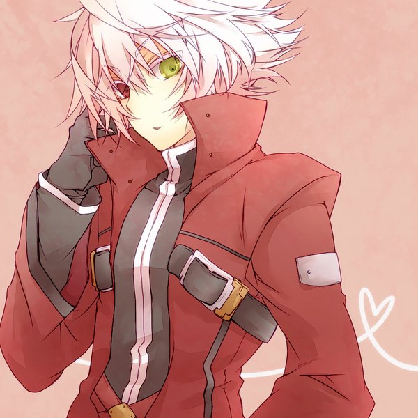 Anime picture 1024x1024 with blazblue blazblue phase 0 ragna the bloodedge hinokii single looking at viewer fringe short hair open mouth simple background hair between eyes red eyes green eyes silver hair upper body heterochromia heart of string boy gloves heart