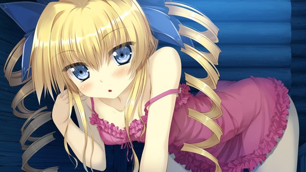 Anime picture 2048x1152 with koiken otome eve elaine austin tateha (marvelous grace) long hair blush highres blue eyes blonde hair wide image twintails game cg cleavage loli drill hair girl bow hair bow