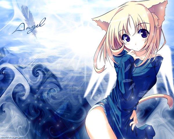 Anime picture 1280x1024 with original senmu single long hair looking at viewer fringe blue eyes blonde hair standing animal ears payot tail head tilt animal tail sunlight inscription cat girl hand on hip hand to mouth surprised