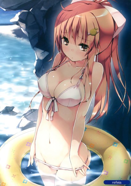 Anime picture 2398x3382 with original refeia single long hair tall image highres breasts light erotic brown hair brown eyes signed cleavage ponytail scan afloat girl navel ribbon (ribbons) swimsuit hair ribbon