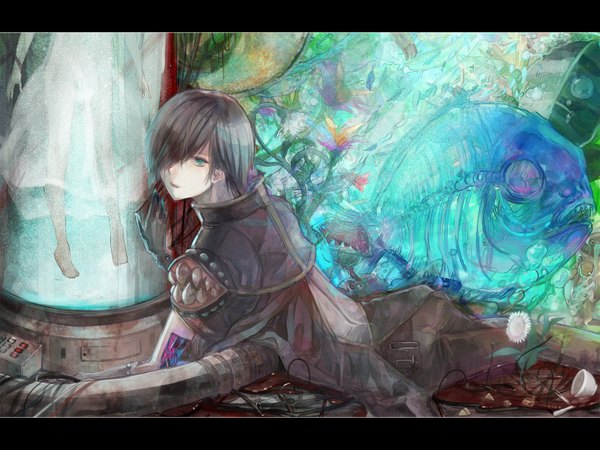 Anime picture 1600x1200 with ragnarok online creator nameco fringe short hair black hair aqua eyes hair over one eye boy flower (flowers) plant (plants) blood fish (fishes) cup wire (wires) android