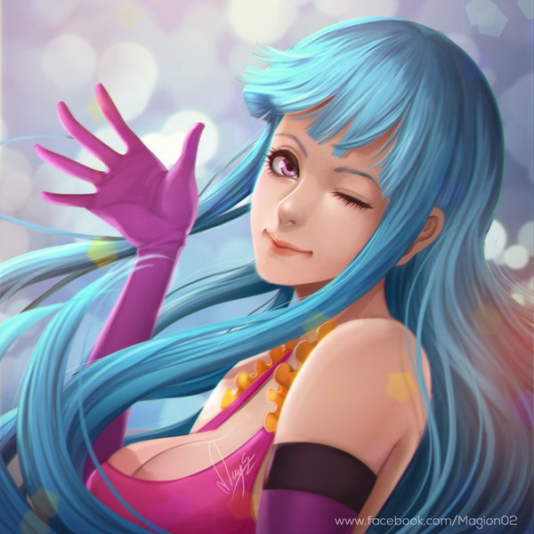 Anime picture 800x800 with me!me!me! meme (me!me!me!) magion02 single long hair looking at viewer fringe breasts smile signed one eye closed lips wink realistic aqua hair waving girl