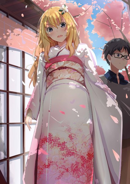 Anime picture 634x895 with shigatsu wa kimi no uso a-1 pictures miyazono kaori arima kousei h.l. long hair tall image looking at viewer blush fringe short hair open mouth blue eyes black hair blonde hair looking away long sleeves traditional clothes japanese clothes hair flower