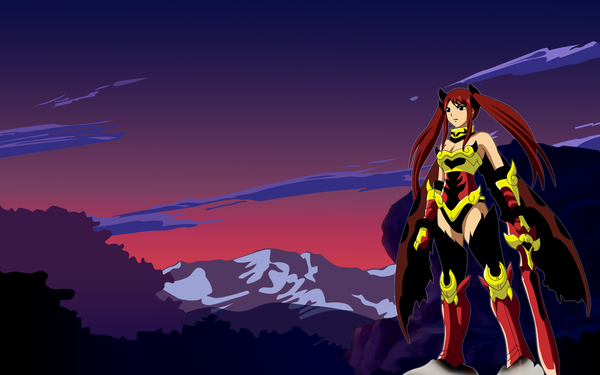 Anime picture 1920x1200 with fairy tail erza scarlet ice-do (artist) single long hair highres wide image twintails bare shoulders sky cloud (clouds) red hair black eyes mountain girl sword armor