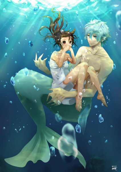 Anime picture 1719x2428 with original kisaitu long hair tall image highres short hair blue eyes red eyes brown hair blue hair ponytail barefoot bare legs couple underwater carrying princess carry girl dress boy