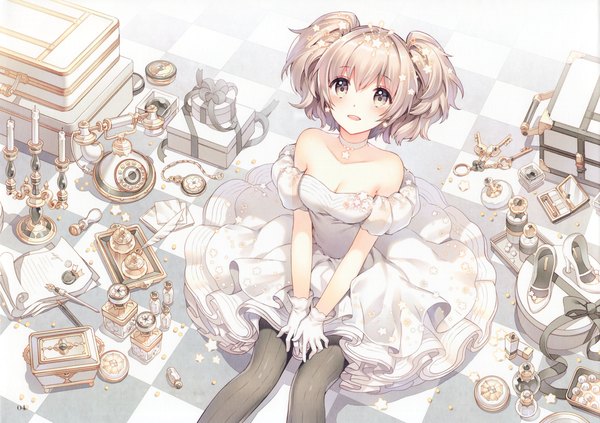 Anime picture 4658x3289 with original nardack single looking at viewer blush highres short hair open mouth sitting bare shoulders absurdres grey hair grey eyes girl dress gloves white gloves gift phone