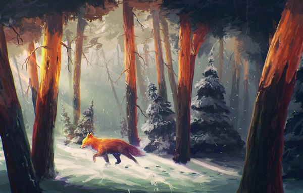 Anime picture 3500x2238 with original sylar113 highres absurdres sunlight snowing winter snow no people walking footprints plant (plants) animal tree (trees) forest fox