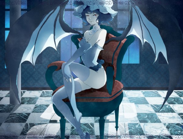 Anime picture 1839x1400 with touhou remilia scarlet maryo single looking at viewer fringe highres short hair light erotic red eyes bare shoulders blue hair indoors light smile night leg lift (legs lift) checkered floor bat wings cropped shoe dangle
