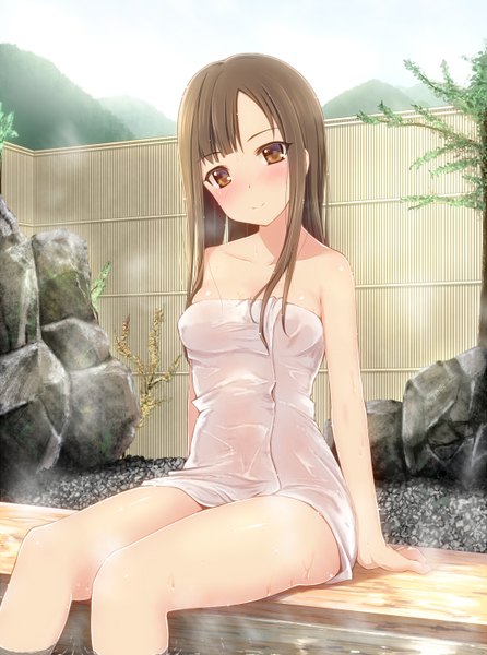 Anime picture 1116x1500 with idolmaster idolmaster cinderella girls mizumoto yukari imachi long hair tall image blush light erotic smile brown hair sitting brown eyes naked towel girl towel