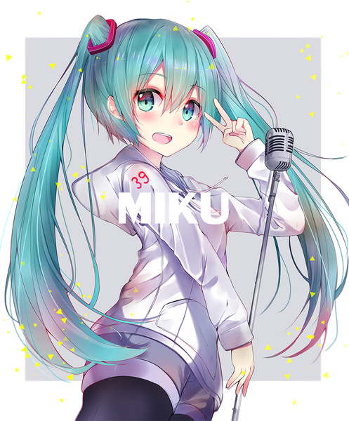 Anime picture 979x1180 with vocaloid hatsune miku neku (neku draw) single long hair tall image looking at viewer fringe open mouth hair between eyes twintails very long hair aqua eyes aqua hair sparkle character names outstretched arm victory 39 girl