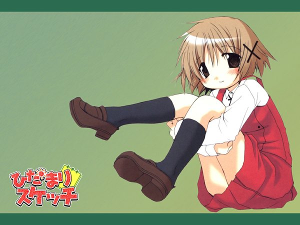 Anime picture 1024x768 with hidamari sketch shaft (studio) yuno aoki ume wallpaper uniform school uniform socks x hair ornament knee socks