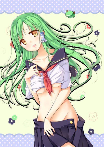 Anime picture 1000x1414 with touhou kochiya sanae amemiya ruki single long hair tall image looking at viewer blush open mouth light erotic yellow eyes lying green hair girl skirt navel serafuku hair tubes