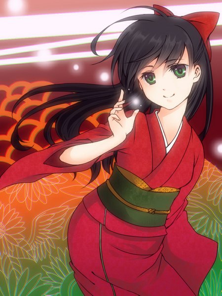 Anime picture 600x800 with enrai single long hair tall image black hair smile green eyes traditional clothes japanese clothes girl bow hair bow kimono obi
