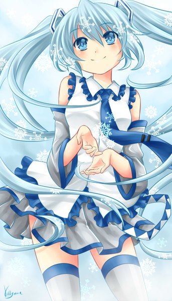 Anime picture 735x1285 with vocaloid hatsune miku yuki miku yuki miku (2010) villyane single long hair tall image blush blue eyes smile twintails blue hair pleated skirt girl thighhighs dress skirt white thighhighs necktie