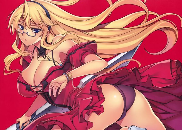 Anime picture 9800x7002 with freezing satellizer el bridget kim kwang hyun single long hair highres breasts blue eyes light erotic blonde hair large breasts absurdres cleavage scan official art red background girl dress underwear panties