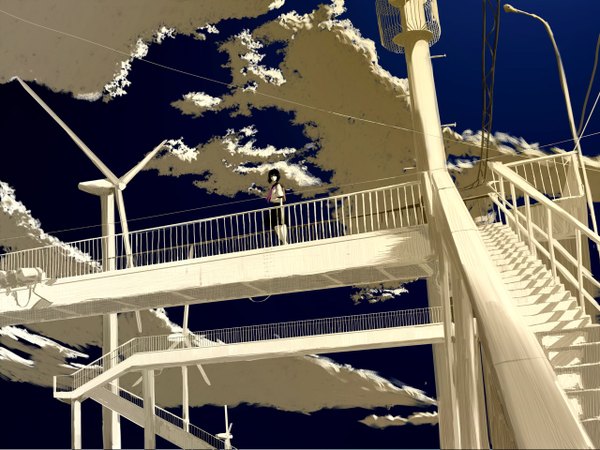 Anime picture 1280x960 with emukami cloud (clouds) uniform school uniform serafuku stairs bridge wind turbine