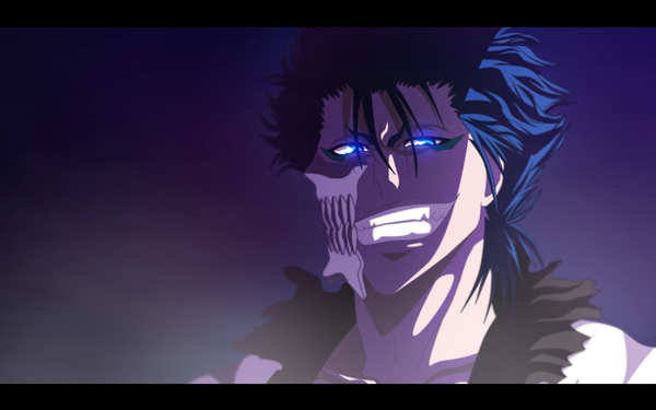 Anime picture 1280x800 with bleach studio pierrot grimmjow jeagerjaques airest27 single looking at viewer short hair blue eyes smile wide image blue hair grin coloring dark background espada boy mask