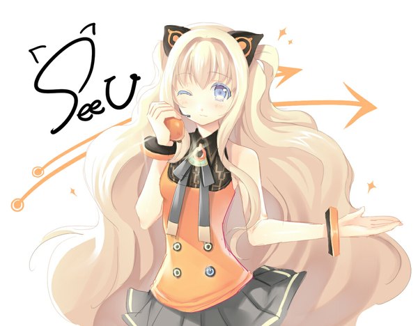 Anime picture 1054x823 with vocaloid seeu sui (little blossom) single fringe blue eyes simple background blonde hair white background bare shoulders animal ears looking away very long hair one eye closed character names fake animal ears girl bracelet