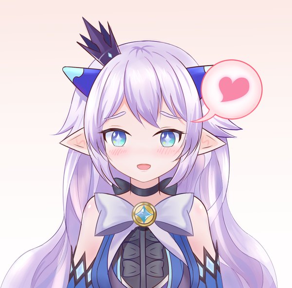 Anime picture 1698x1680 with elsword luciela r. sourcream (elsword) icwine single long hair looking at viewer blush fringe open mouth blue eyes smile bare shoulders payot purple hair upper body horn (horns) pointy ears gradient background symbol-shaped pupils girl
