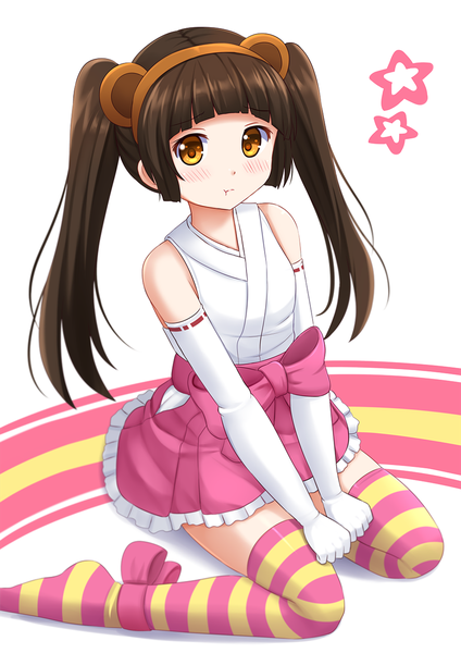 Anime picture 945x1337 with kumamiko amayadori machi kazenokaze single long hair tall image looking at viewer blush black hair twintails bare shoulders brown eyes animal ears fake animal ears girl thighhighs gloves bow elbow gloves white gloves