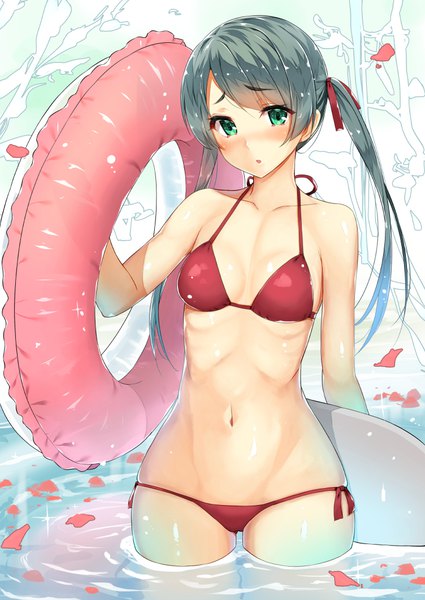 Anime picture 752x1062 with kantai collection mikuma heavy cruiser body mahattaya ginga single long hair tall image looking at viewer blush fringe breasts open mouth light erotic twintails bare shoulders green eyes green hair sparkle partially submerged girl ribbon (ribbons)