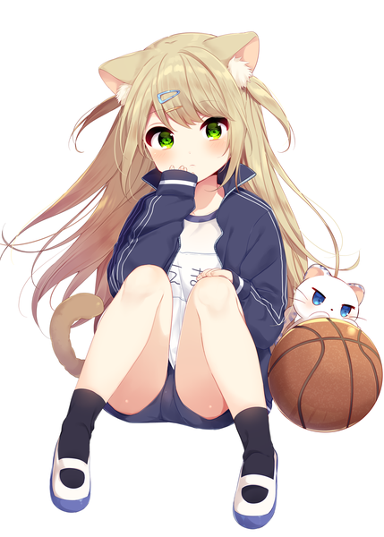 Anime picture 1332x1864 with original mafuyu (chibi21) single long hair tall image looking at viewer blush fringe blonde hair simple background white background sitting green eyes animal ears payot full body tail long sleeves animal tail cat ears