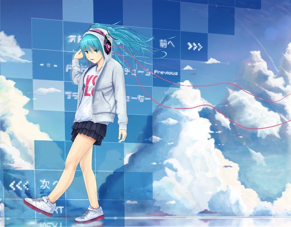 Anime picture 1980x1542 with vocaloid hatsune miku zk0 single highres cloud (clouds) aqua hair walking girl skirt headphones wire (wires) sneakers