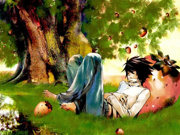 Anime picture 1280x960 with death note madhouse l (death note) single short hair black hair lying eyes closed barefoot sleeping plant (plants) tree (trees) food sweater grass berry (berries) strawberry jeans