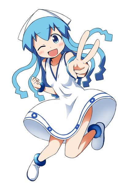 Anime picture 630x900 with shinryaku! ika musume ika musume mohya (artist) single long hair tall image looking at viewer blush fringe open mouth blue eyes simple background white background blue hair one eye closed wink victory jumping girl dress