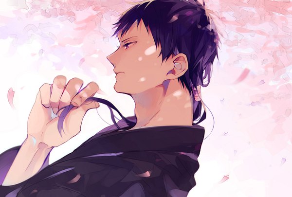 Anime picture 850x574 with kuroko no basket production i.g aomine daiki hanamori single long hair black hair upper body traditional clothes japanese clothes profile cherry blossoms low ponytail alternate hairstyle alternate hair length boy petals yukata