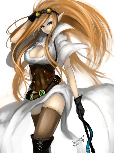 Anime picture 1200x1600 with league of legends janna windforce kumiko shiba single long hair tall image looking at viewer breasts blue eyes simple background blonde hair smile large breasts standing white background pointy ears alternate costume girl thighhighs gloves