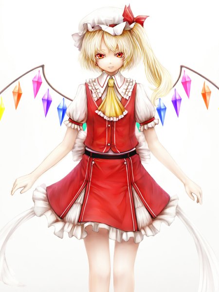 Anime picture 750x1000 with touhou flandre scarlet nishi masakazu single tall image looking at viewer short hair simple background blonde hair red eyes white background one side up girl dress skirt wings bonnet skirt set crystal